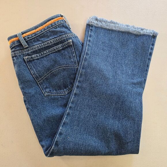 S.L.A. Jeans Junior 7 8 Cut Off Floral Embroidered Straight Leg Medium Wash Blue - Picture 9 of 16